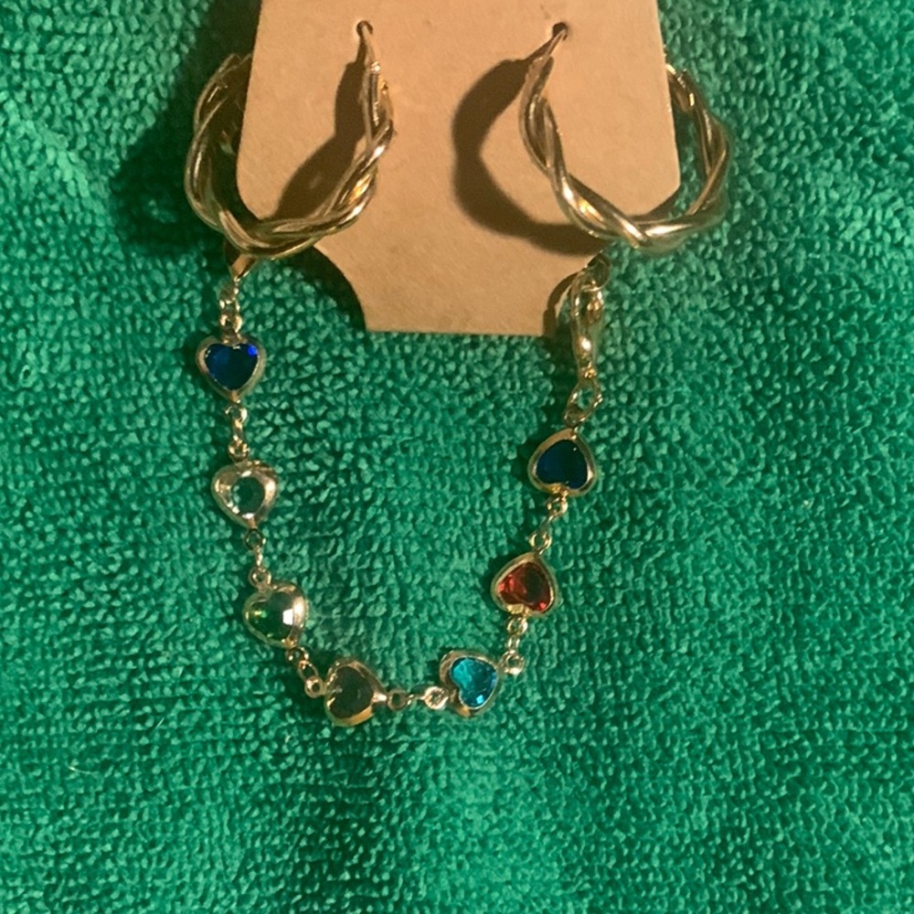 Gold Heart Charm Bracelet and Hoop Earrings Set